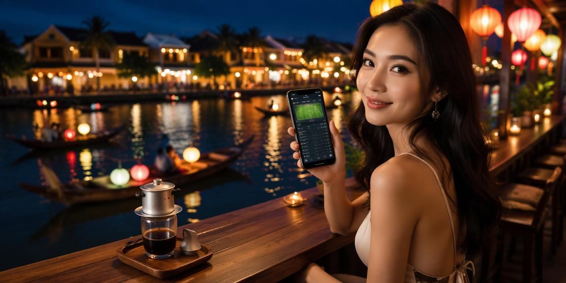 Người dùng tại Hội An trải nghiệm nền tảng giải trí trực tuyến trên điện thoại bên tách cà phê